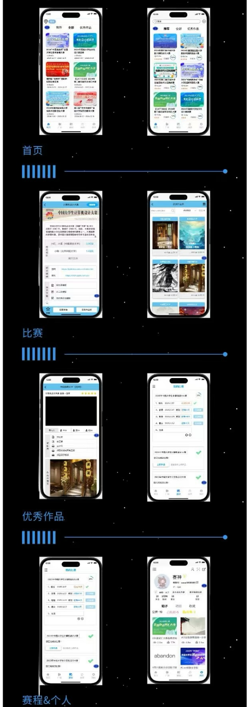 哇赛首页、比赛、优秀作品、赛程与个人中心的移动端界面